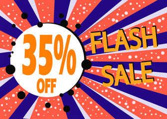 Flash sale 35% off, poster design template, discount banner in white and orange, vector illustration.