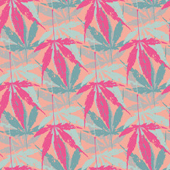 Fototapeta na wymiar Boston ivy seamless vector pattern background. Pink blue backdrop with blended leaf shapes. Painted grunge style brush stroke foliage botanical motifs. Parthenocissus Tricuspidata.Tropical vibe.