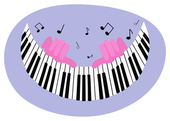 Naklejka premium Hands and keys of the piano, musical instrument. Playing the piano. Music performance, notes and signs. Icon, sign. Vector illustration.