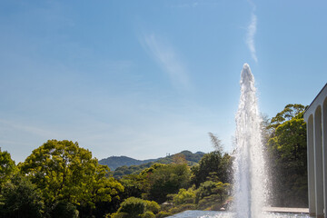 Fototapeta premium 高く水を噴き上げる庭園の噴水