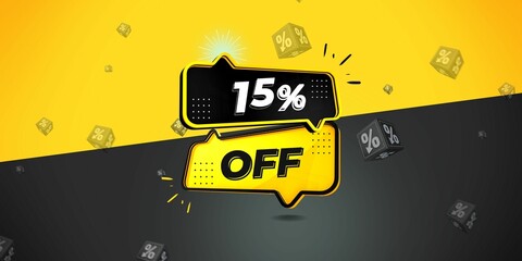 Fototapeta na wymiar 15% off limited special offer. Banner with fifteen percent discount on a black and yellow background with yellow square and black. Illustration 3d