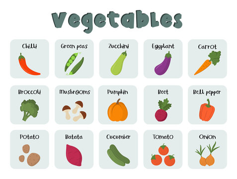 Flashcards for kids with inscription title vegetables. Kids preschool playing, learning activity. Educational cards for the development of logical thinking. Worksheet for preschoolers.