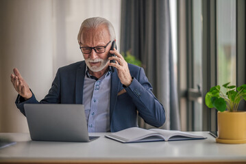 Worried senior businessman talking on mobile phone while using laptop at business desk.