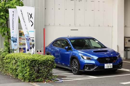 TOKYO, JAPAN - May 8, 2022: A Subaru WRX S4 car at a car showroom in Tokyo's Koto Ward.