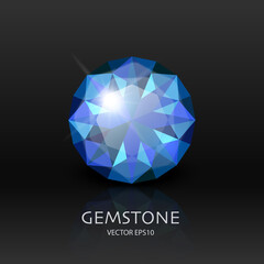 Vector Banner with 3d Realistic Blue Transparent Gemstone, Diamond, Crystal, Rhinestones Closeup on Black. Jewerly Concept. Design Template, Clipart
