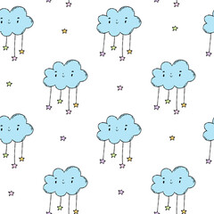 Little cute blue clouds with stars. White pattern and scrapbooking paper for baby.