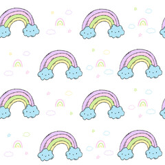 White pattern with rainbows the sky in the pastel stars. Children's textiles. Scrapbooking paper for kids.