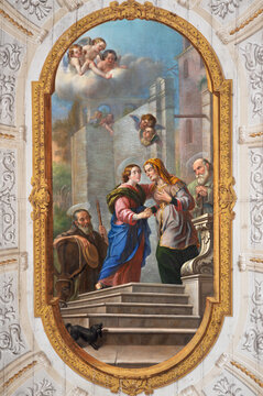 MATERA, ITALY - MARCH 7, 2022: The painting of Annunciation on the ceiling of Cathedral by Battista Santoro from 19. cent.