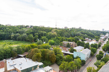 Kyiv, Ukraine – July 08, 2017: A beautiful panorama of Podil area. Aerial view on residential and...