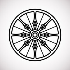 Dharmachakra (Dharma Wheel) symbol in Buddhism. Black and white line icon, tattoo design. Isolated vector clip art illustration.