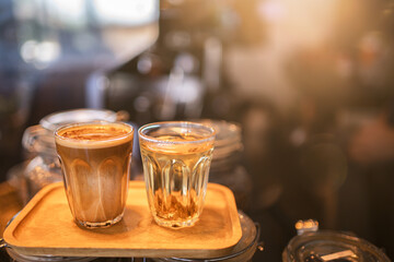 Fototapeta na wymiar Coffee maker, portafilter with coffee, Useful as background for barista, bar, coffee shop.