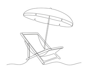 Fototapeta premium Beach umbrella and chair for summer holiday, continuous one line drawing. Beach chaise longue and sunshade. Summertime relax on deck chair on coast of sea. Relaxation equipment. Vector outline