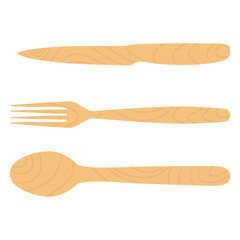 Wooden cutlery, disposable fork, spoon and knife isolated on white background. Kitchen utensil.