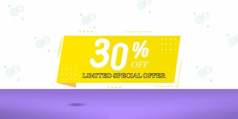 Obraz premium 30% off limited special offer. Banner with thirty percent discount on a blue background with yellow square