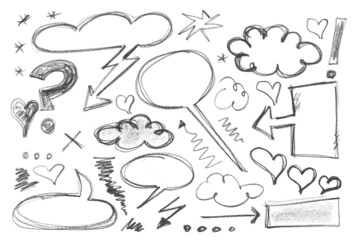 Set hand draw speech bubble hatching grunge graphite pencil isolated on white 