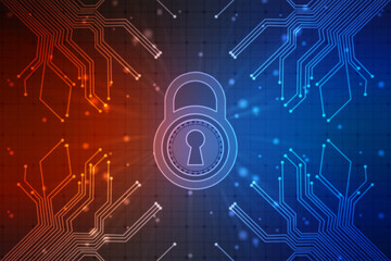 Digital Padlock on abstract technology background, Technology security concept. Modern safety digital background. Protection system, Cyber Security and safety information, personal data concept