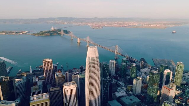 San Francisco skyline aerial cityscape orbit flythrough over skyscrapers, California, USA