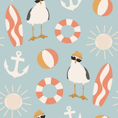 cute cartoon abstract seamless vector pattern background illustration with seagull character, anchor, surfboard, sun and other colorful summertime elements - 503955460