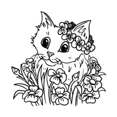 Cat in flowers vector illustration for coloring book