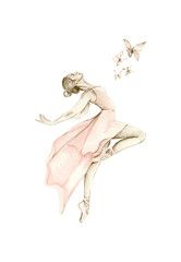 Watercolor dancing ballerina in pink dress. Isolated dancing ballerina. Hand drawn classic ballet performance, pose. Young  pretty ballerina women  illustration. Can be used for postcard and posters.  - obrazy, fototapety, plakaty