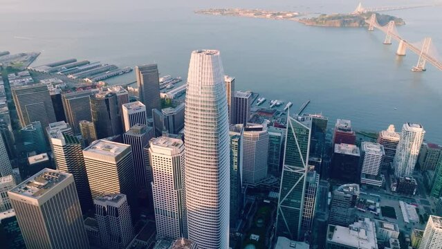 San Francisco skyline aerial cityscape orbit flythrough over skyscrapers, California, USA
