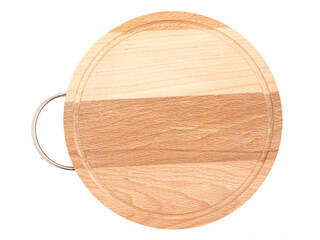 Round wooden beech cutting board with handle isolated on white background, top view