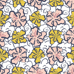 Cottage garden flowers seamless vector pattern background. Pink blue painterly canvas farmhouse style. Hand drawn abstract relaxed country flowers backdrop. Cottagecore floral repeat. Textural design