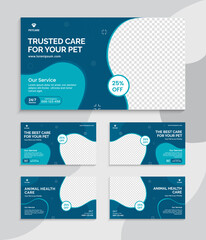 Animal Health care and web banner template. Promotion banner design for live business workshop. Video cover for the pet care. Pet clinic social media pet service vector layout.