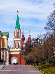 MOSCOW, RUSSIA, on April 19, 2022.  Nikolskaya Tower of the Moscow Kremlin