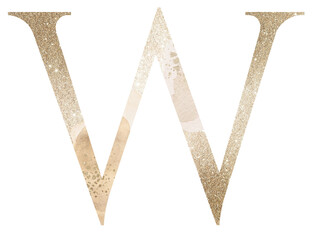 Pastel light Golden capital letter W isolated illustration, glitter holiday design element