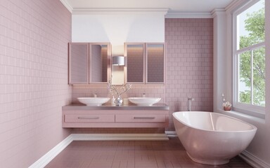 Fototapeta na wymiar Modern style home interior bathroom is tiled with dark pink tiles. Square tiled floor with cabinet and mirror.3d rendering