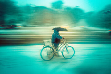 Fototapeta na wymiar Bike ride in the snow with a umbrella