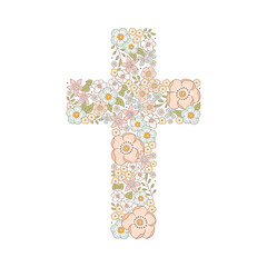 Catholic Christian Cross with flowers and leaves inside, First Communion cross, Christening, Baptism, vector illustration