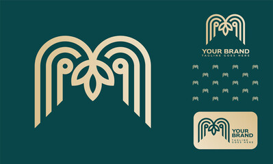 Fashion Jewlery boutique makeup logo using letter M and I with a flower and pattern and logo option in gold and green color theme using well measured line guidelines