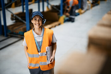 Happy female warehouse manager looking at camera.
