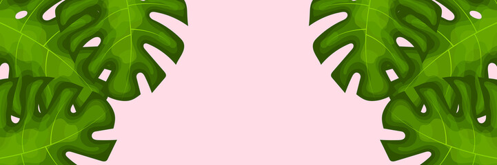 Pink background, tropical leaves green, vector, flat