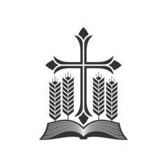 Christian illustration. Church logo. Open bible, ripe ears of corn and the cross of Jesus.