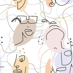 Woman Face line. Abstract drawing seamless pattern