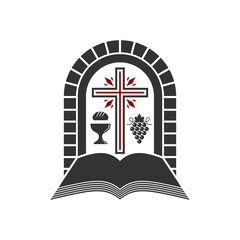 Christian illustration. Church logo. Cross and open bible with holy communion symbols.