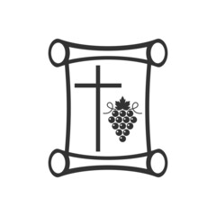 Christian illustration. Church logo. Scroll, cross of Jesus and vine.