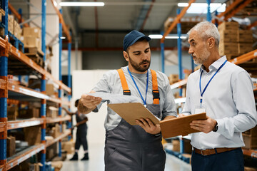 Mature warehouse manager and male worker cooperating while working at storage compartment.