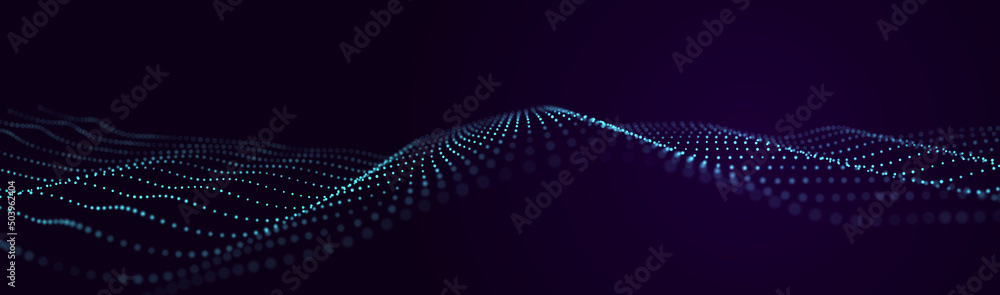 Fototapete large digital data background. abstract wave with moving dots. 3d rendering