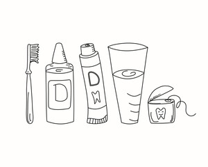 Toothpaste , Cartoon tooth ,  dental floss and toothbrush in doodle style. Dental care. Dentistry, hygiene and dental health products. Vector.