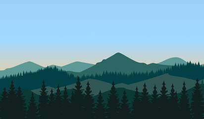 Vector illustration mountains. Mysterious landscape of forest, mountaings in fog