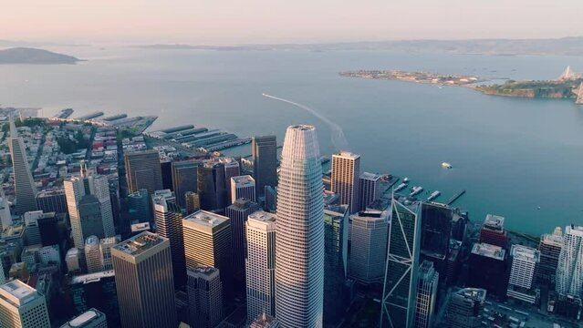 San Francisco skyline aerial cityscape orbit flythrough over skyscrapers, California, USA