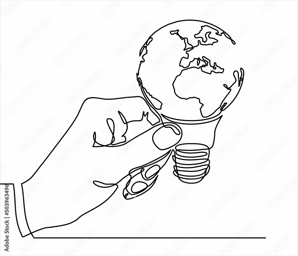 Poster earth globe inside lightbulb in one continuous line drawing. vector concept of eco innovation, idea 