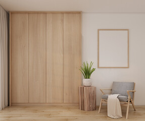 Modern minimal scandinavian living room interior with wood built-in cabinet,wooden floor,wooden grey armchair,wooden empty frame,wooden side table,green plant and fabric in 3d rendering.