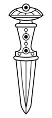 Outined vector drawing of ornamented fantasy dagger with inlay on grip and almond-shaped pommel. Medieval styled knife. Graphic illustration for logo, card poster, banner.