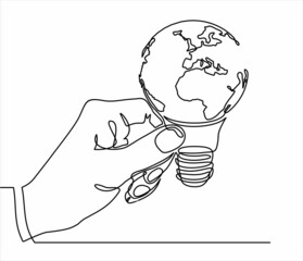 Earth globe inside lightbulb in one continuous line drawing. Vector Concept of Eco innovation, idea of green energy and global solution with electricity in simple doodle style. Editable stroke