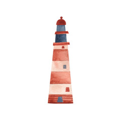 Watercolor white red lighthouse with stripes. Hight quality illustration